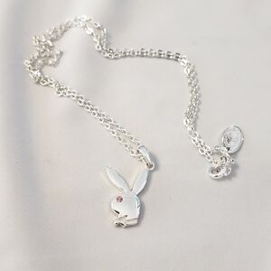2000s Y2K Playboy Bunny with Pink Rhinestones Silver Necklace